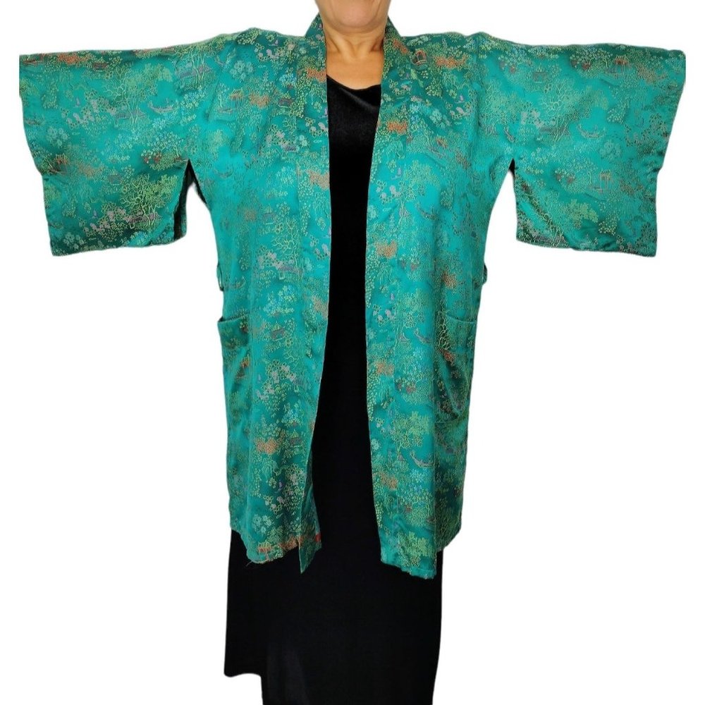 Vintage Double Peach Teal Silk Jacquard Chinese Kimono Robe One Size